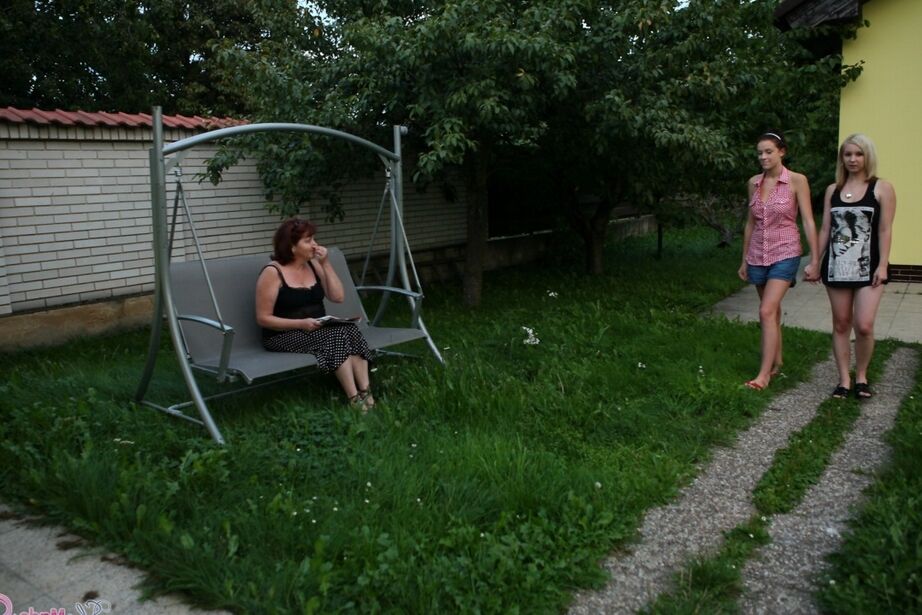 16P Older lesbian Lana and two of her students masturbate on a bench swing
