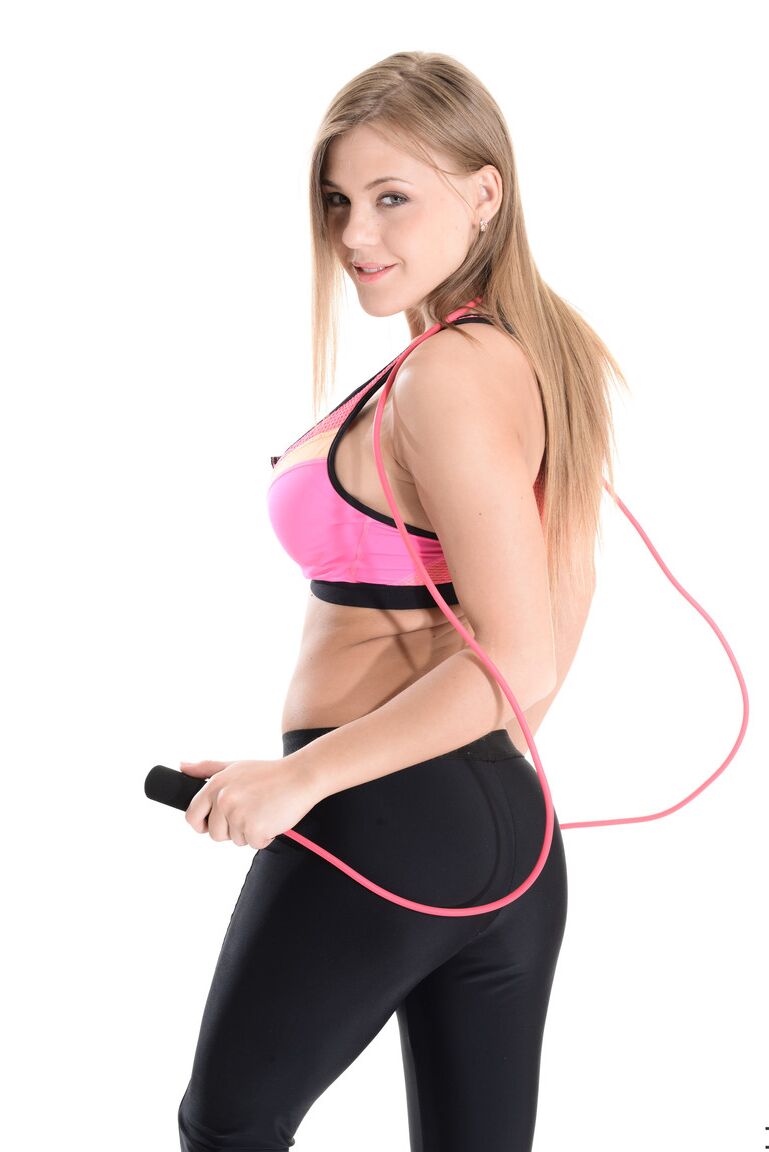 15P Natural blond Viola removes spandex workout attire to get totally naked