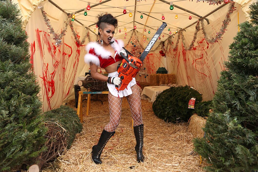 16P Ebony girl Skin Diamond wields a chainsaw before fucking a white guy in a tent