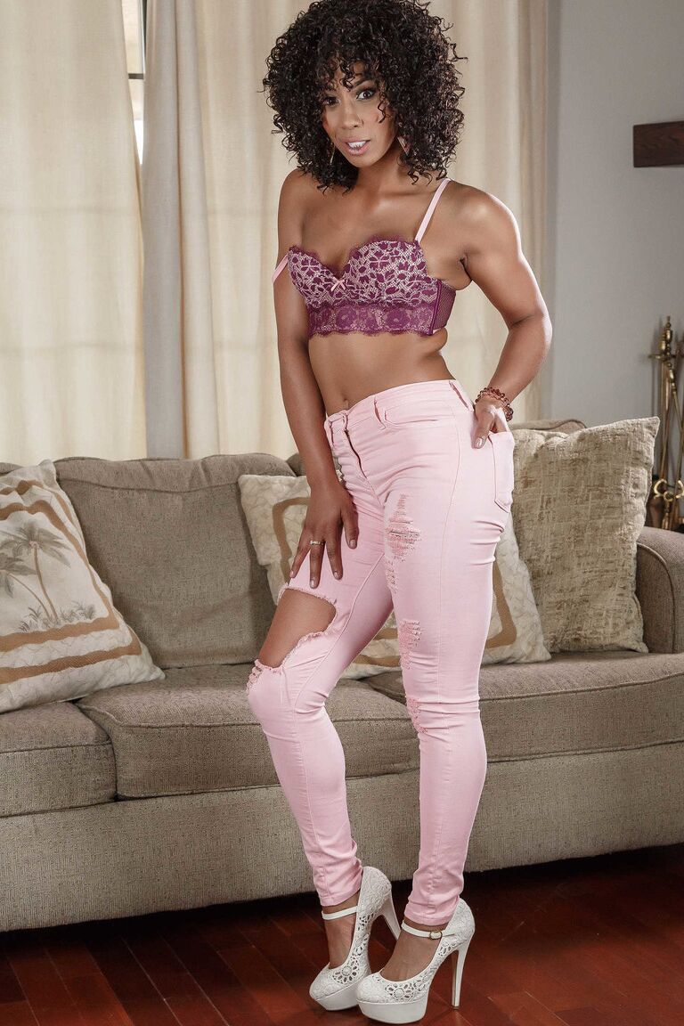 19P Ebony hottie with natural tits Misty Stone strips and masturbates in the room