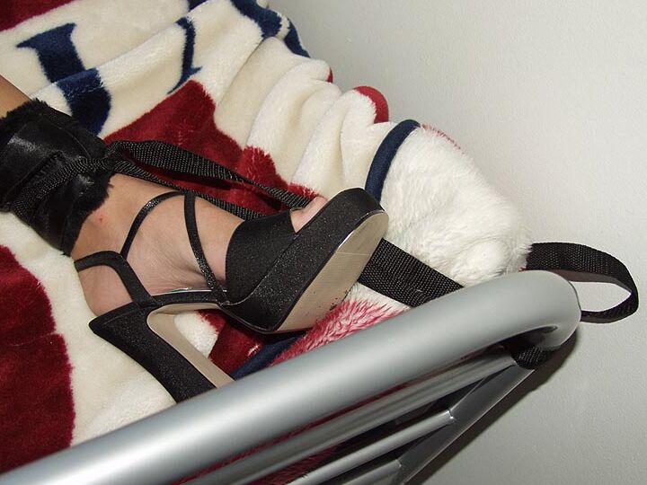 16P Naked and blindfolded blonde Brandi is restrained to bed spread eagle style