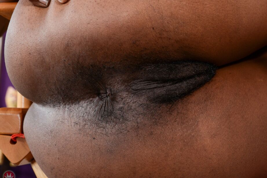 Die 16P-schwarze Debütantin Ebony Desire spreizt ihren gestutzten Busch auf einem Regiestuhl