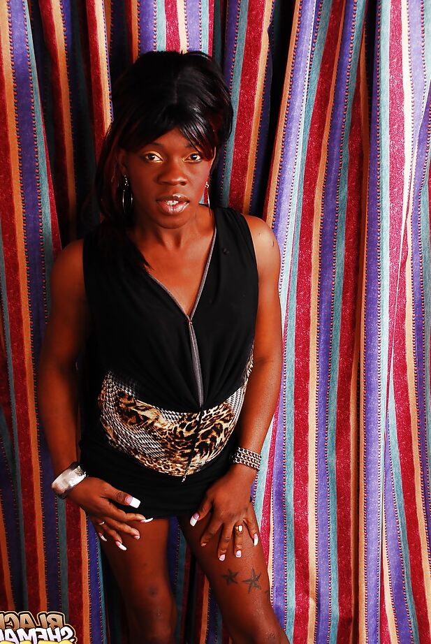 16P La transexual negra Tameaka se masturba una gran polla para recibir una corrida después de quitarse el vestido