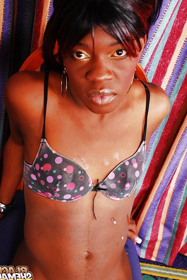 16P La transexual negra Tameaka se masturba una gran polla para recibir una corrida después de quitarse el vestido