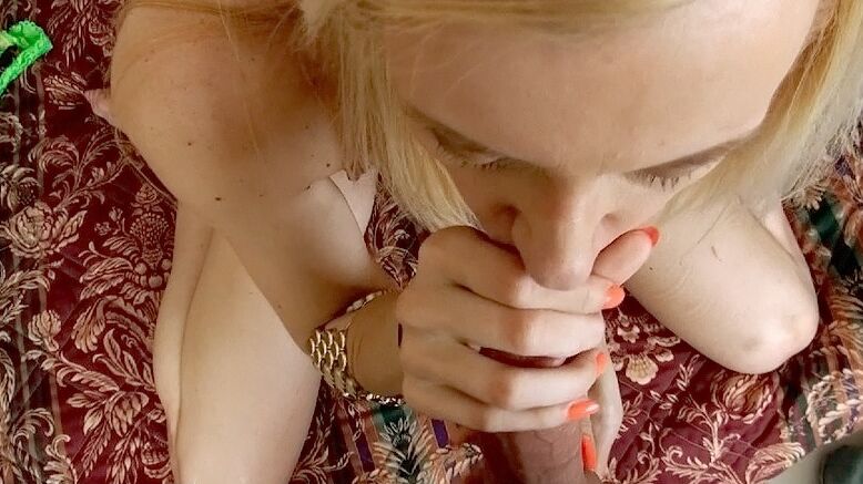 16P Blonde babe in glasses Missy James blows cock and opens mouth to swallow jizz