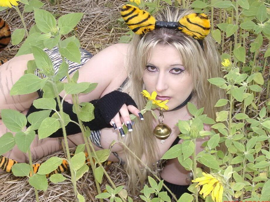 16P La rubia Avengelique modela con sus bonitos calcetines y sus brazos en medio de girasoles