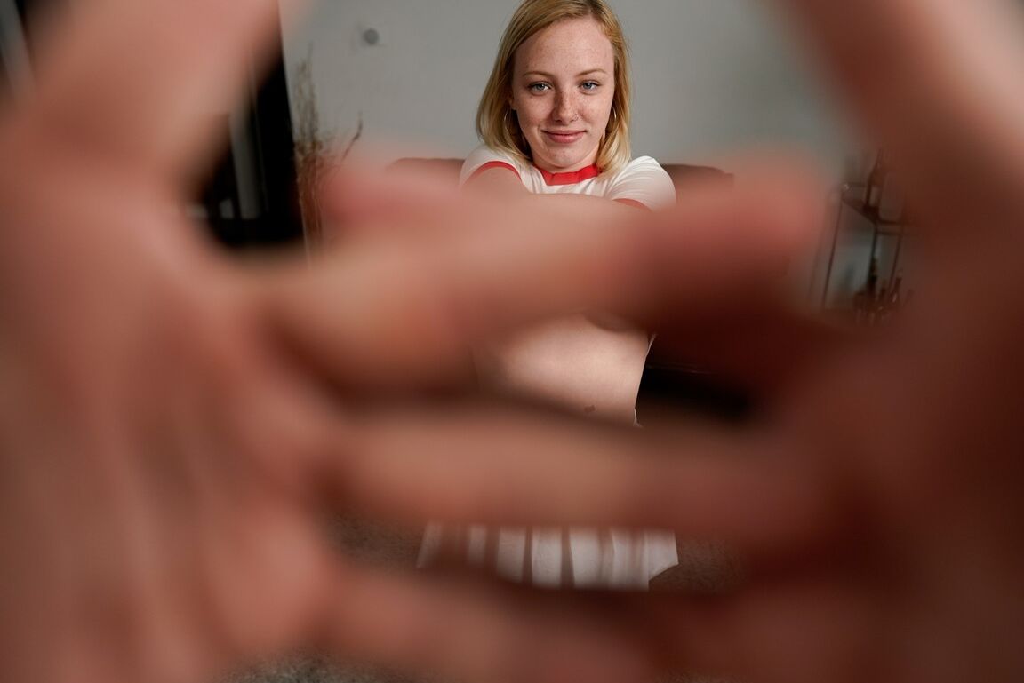 15P Young strawberry blonde with freckles sucks off a dick in POV mode