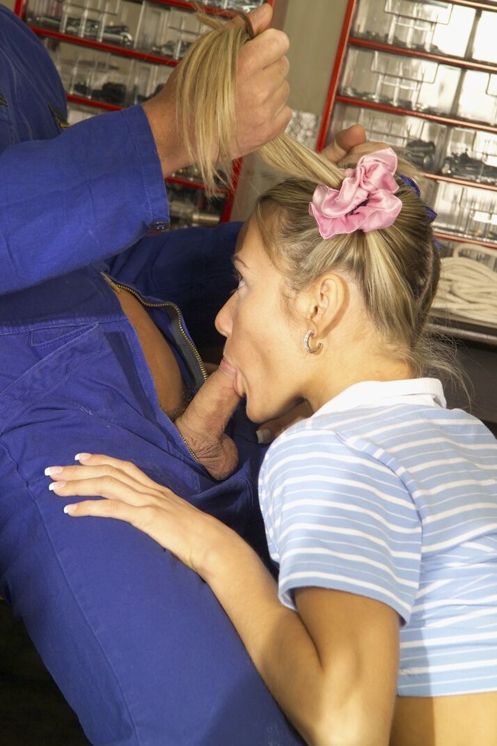 21P Blonde teen with pigtails Jana gives a BJ before getting rammed in a workshop