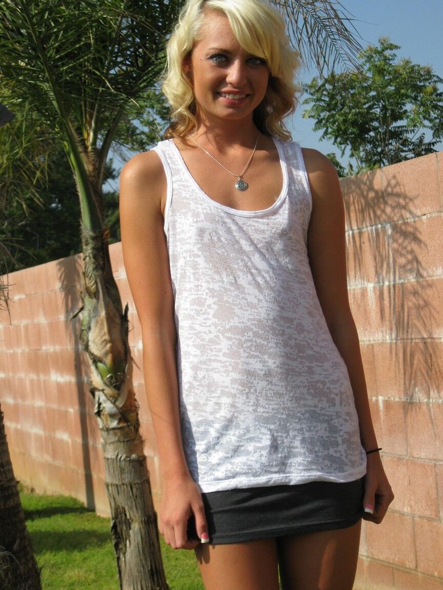 16P Blonde amateur Tiny Tiff gets involved in no panty upskirt action in public