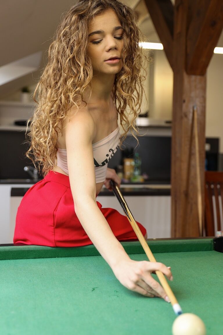 21P Curly haired teen Sabrina Spice gets banged on a chair by the billiard table