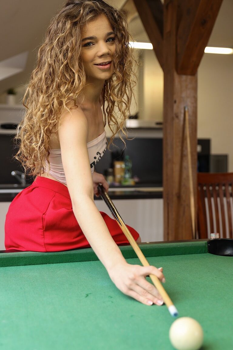 21P Curly haired teen Sabrina Spice gets banged on a chair by the billiard table