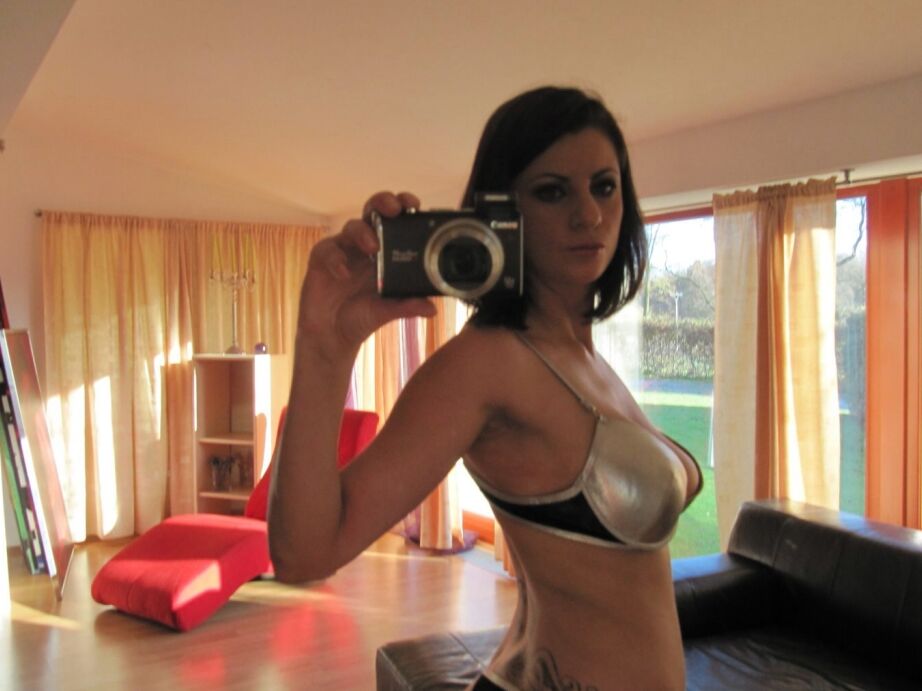 16P Stunning brunette babe with petite jugs stripping and spreading her legs