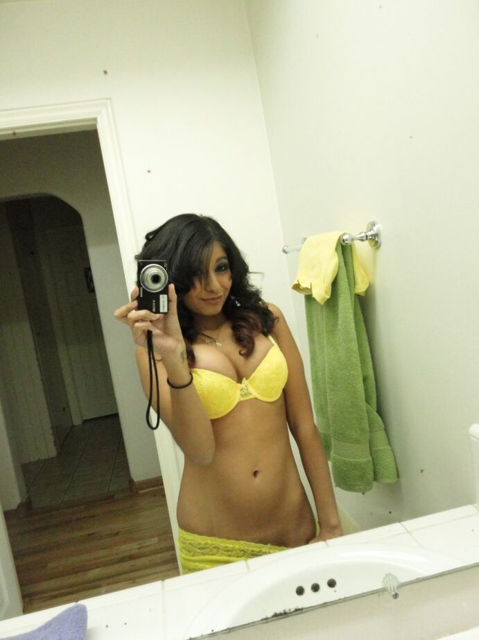 16P Brunette girlfriend type Ruby Reyes takes self shots on exposed boob in mirror