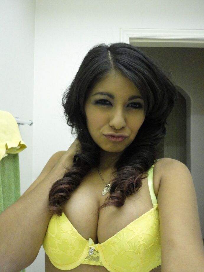 16P Brunette girlfriend type Ruby Reyes takes self shots on exposed boob in mirror
