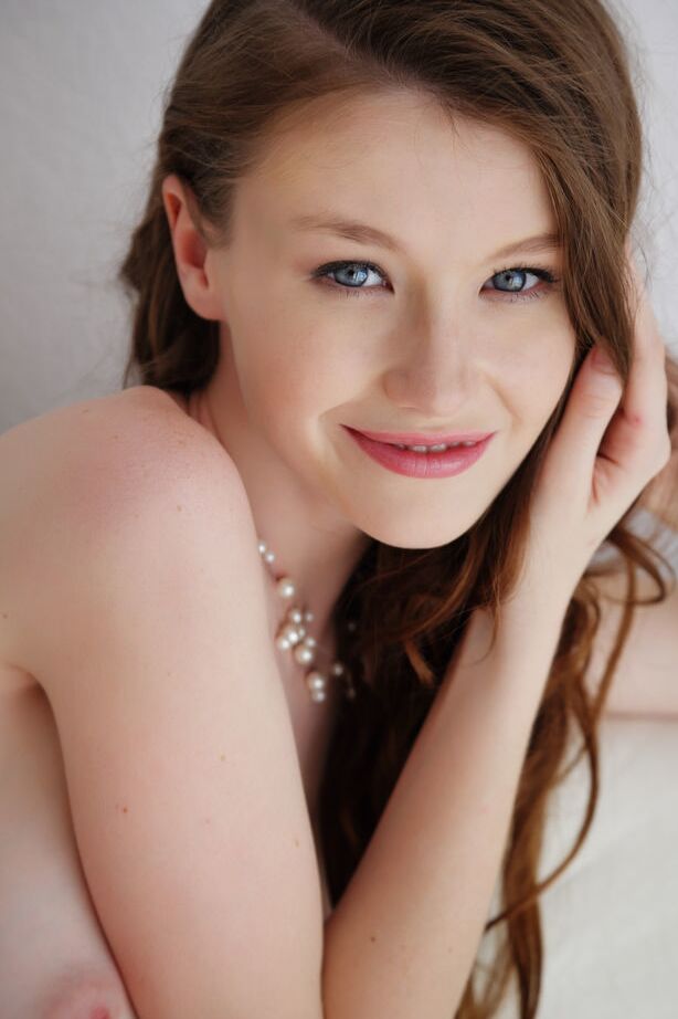 18P Brunette babe Emily Bloom frees tiny teen tits and bald twat from lingerie