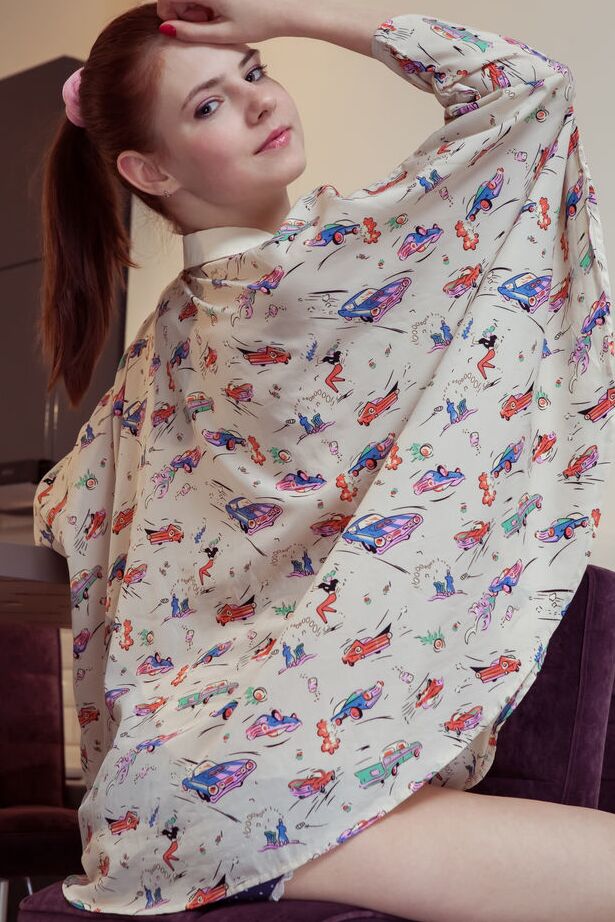 18P Young redhead Juliett Lea shows her pink twat after stripping to socks