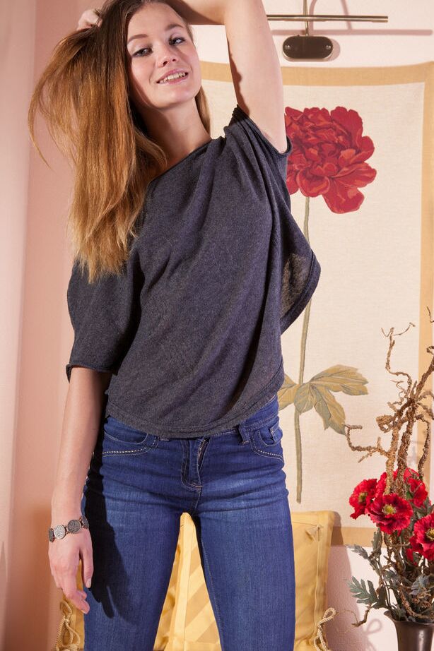 18P Fully clothed model Solveig shedding denim jeans to pose in the nude