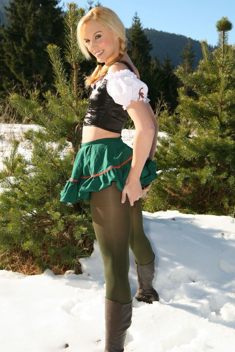 21P Hottie with pigtails Joceline doffs her green skirt & teases in the snow