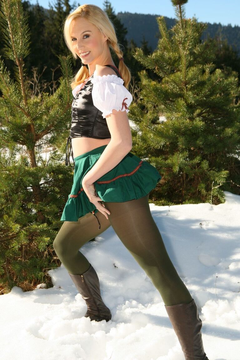 21P Hottie with pigtails Joceline doffs her green skirt & teases in the snow