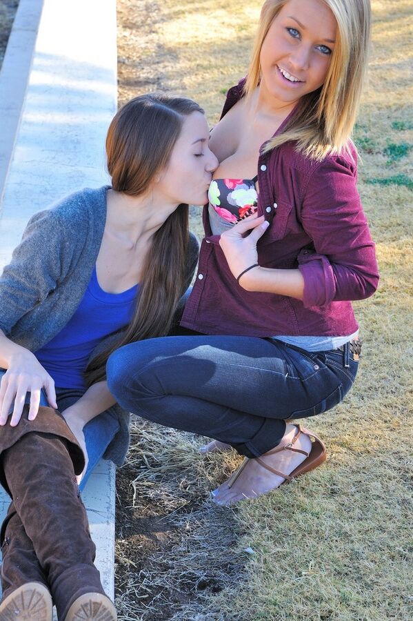 15P Lesbian teens kiss and go topless in public before licking pussy at home