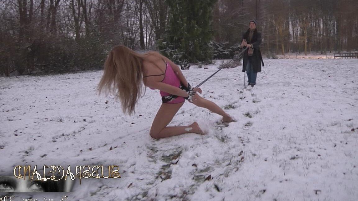 17P Collar bound white girl Olga Barz is whipped raw in the nude on snowy ground