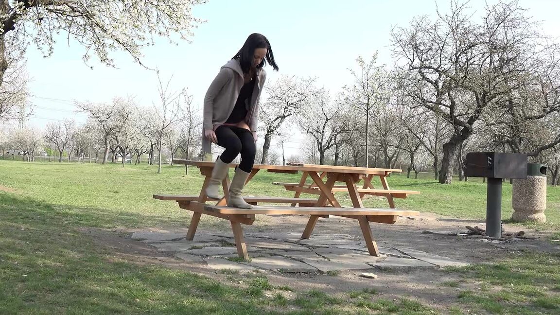 15P Eveline Neill squats and pees on picnic bench