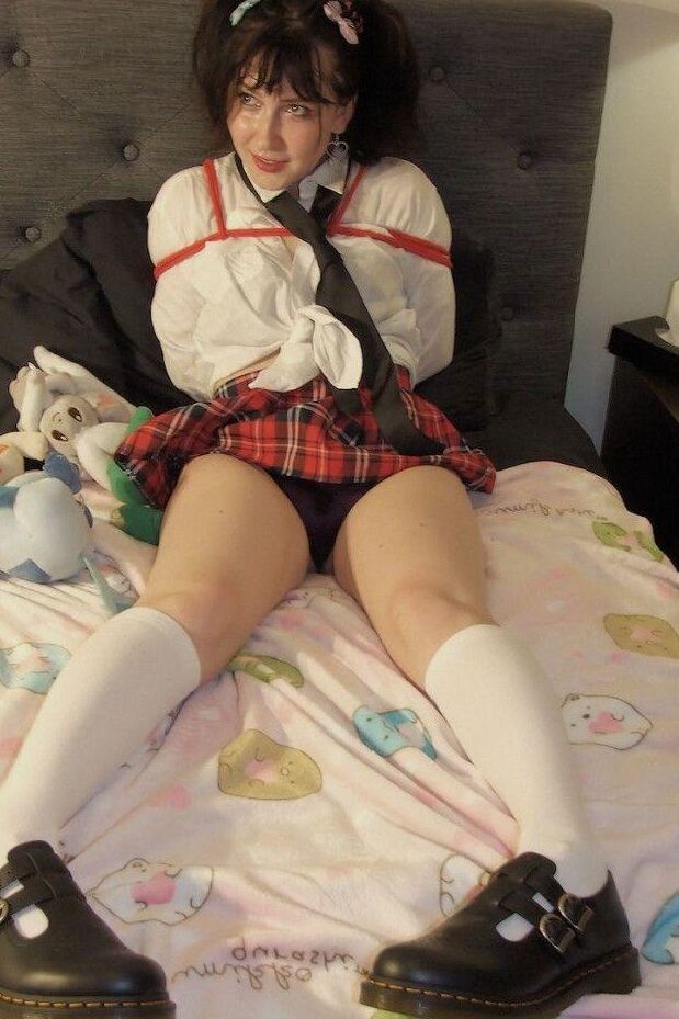 16P Young student exposes her thong while ball gagged and tied up in her uniform