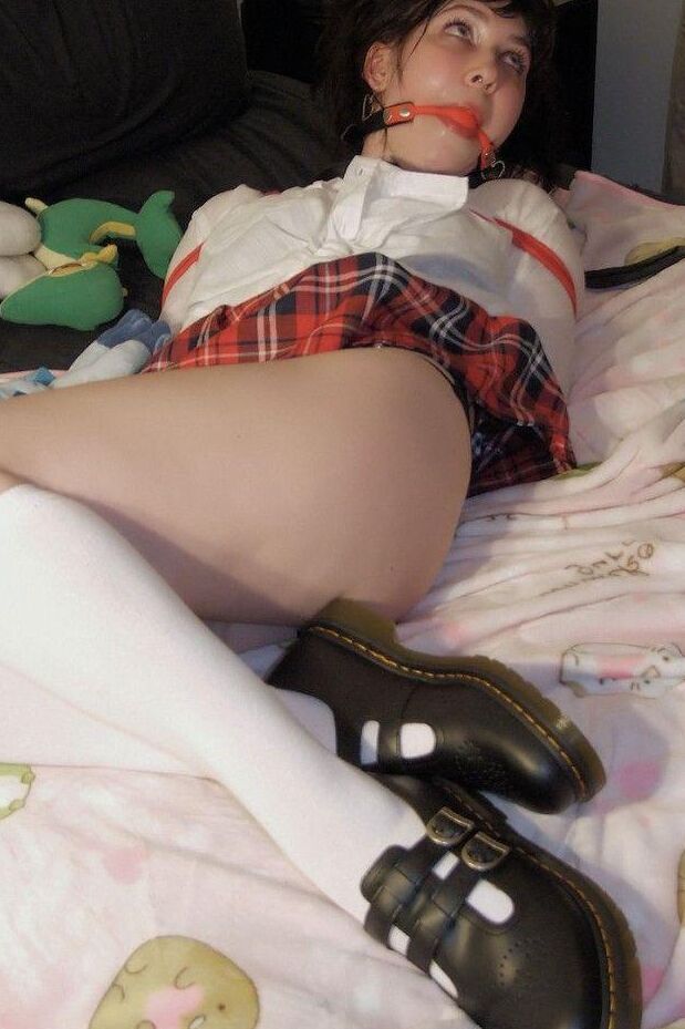 16P Young student exposes her thong while ball gagged and tied up in her uniform