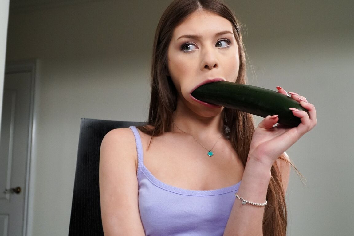 15P Sweet teen Winter Jade sucks on a cucumber before sucking off a penis