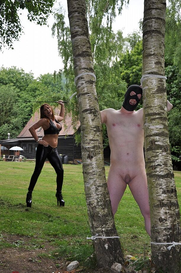 15P Femdom Mistress Carly ties hubby up in the yard to watch her get fucked