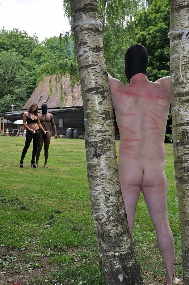 15P Femdom Mistress Carly ties hubby up in the yard to watch her get fucked