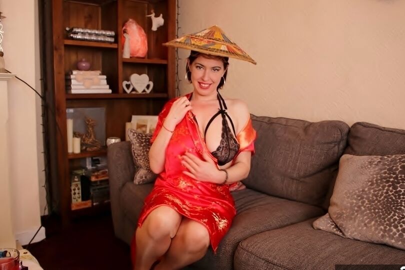 20P British MILF Juicey Janey slips off a Japanese themed dress in a matching hat