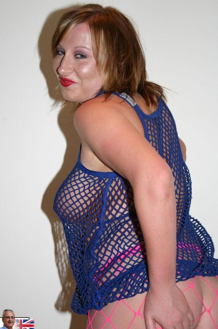 21P Chubby British slut in fishnets and black boots humps an old man's dick