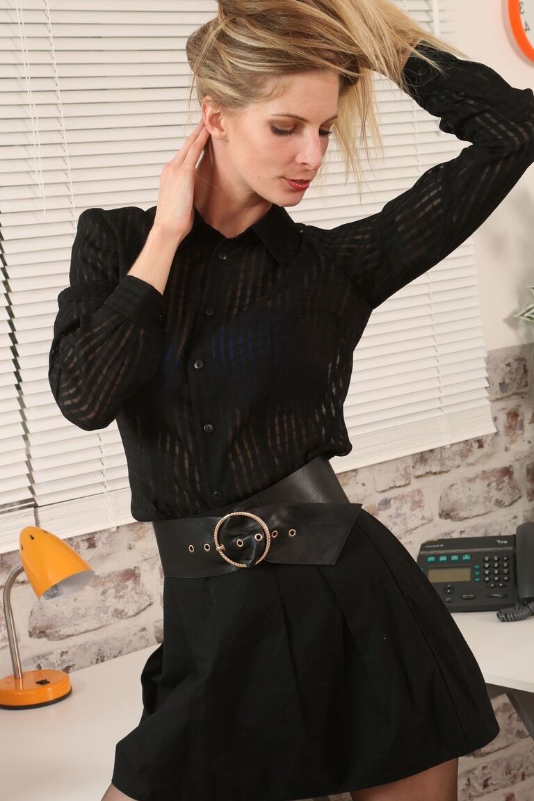 21P Tall blonde babe in nylons Rebecca Leah flaunts medium tits in the office
