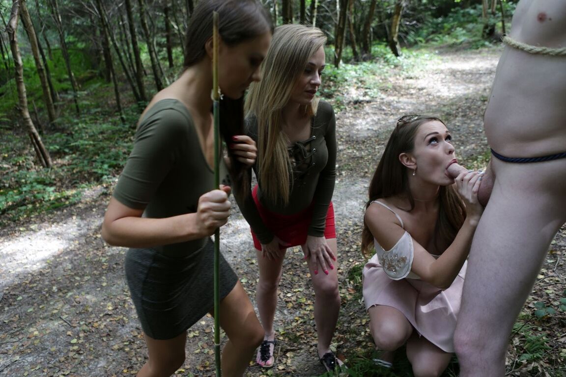 17P 3 young girls walking in the woods find a restrained man and suck his cock