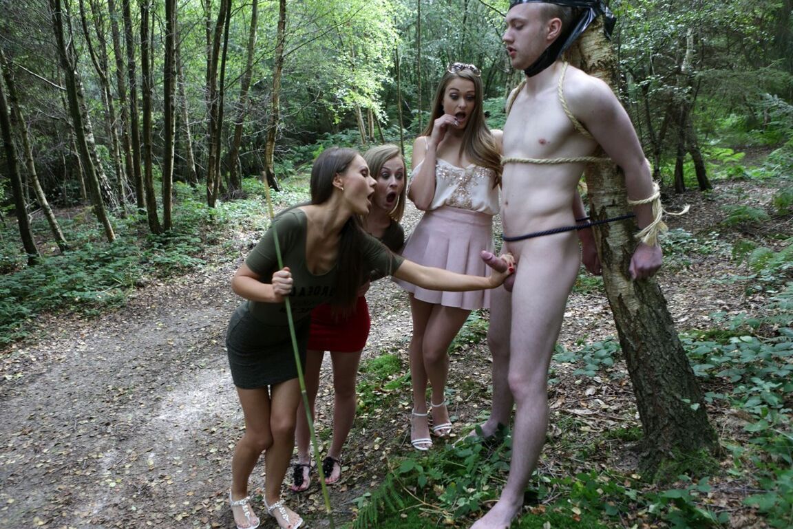 17P 3 young girls walking in the woods find a restrained man and suck his cock
