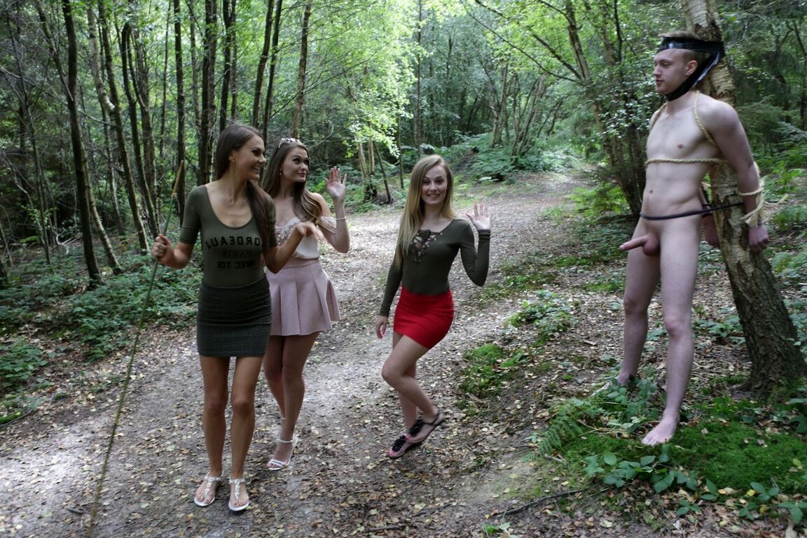 17P 3 young girls walking in the woods find a restrained man and suck his cock