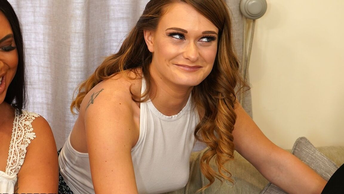 21P Sweet clothed babes Hannah Shaw and Honour May give a handjob on the couch