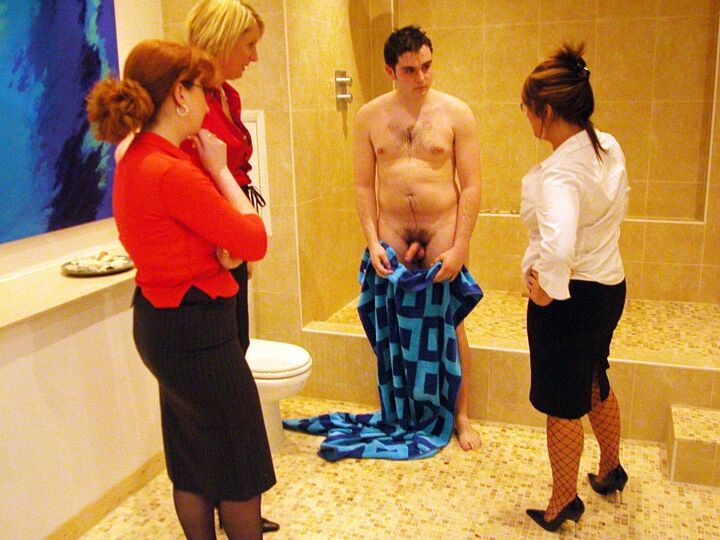 21P Mature ladies in skirts play with a naked guy's tasty dong in the toilet