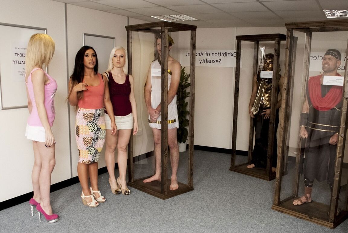 21P Dressed up hotties watch handsome naked men masturbate at the museum