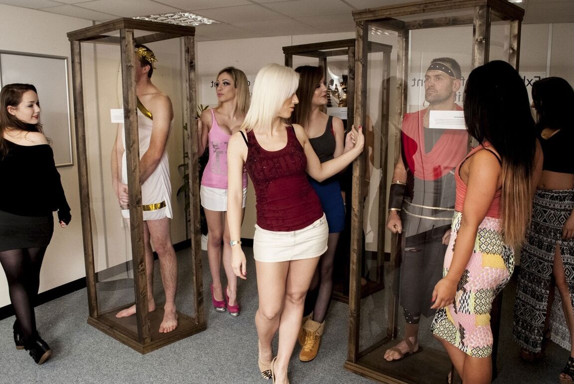 21P Dressed up hotties watch handsome naked men masturbate at the museum