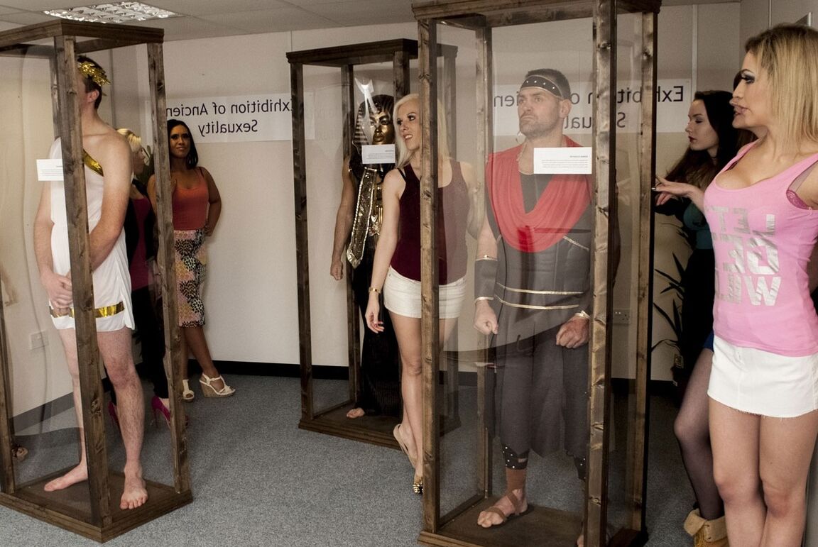 21P Dressed up hotties watch handsome naked men masturbate at the museum
