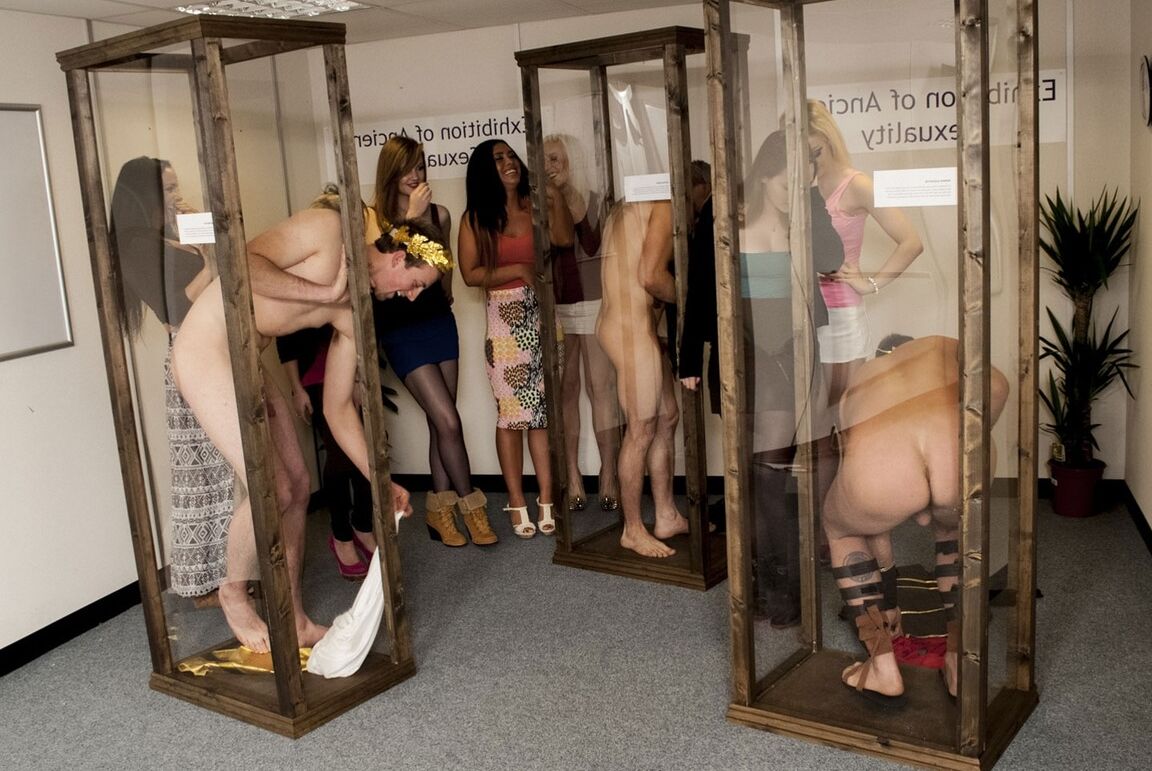 21P Dressed up hotties watch handsome naked men masturbate at the museum