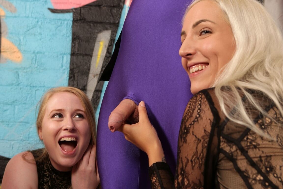 21P Clothed babes Liz Rainbow, Princess Eve & Satine play with a chained guy's rod