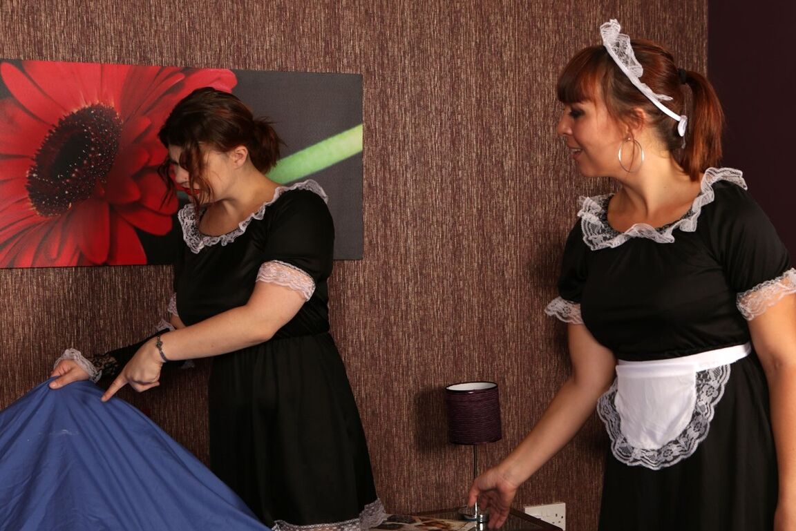 21P Slutty maids welcoming a hotel guest with a very arousing CFNM handjob