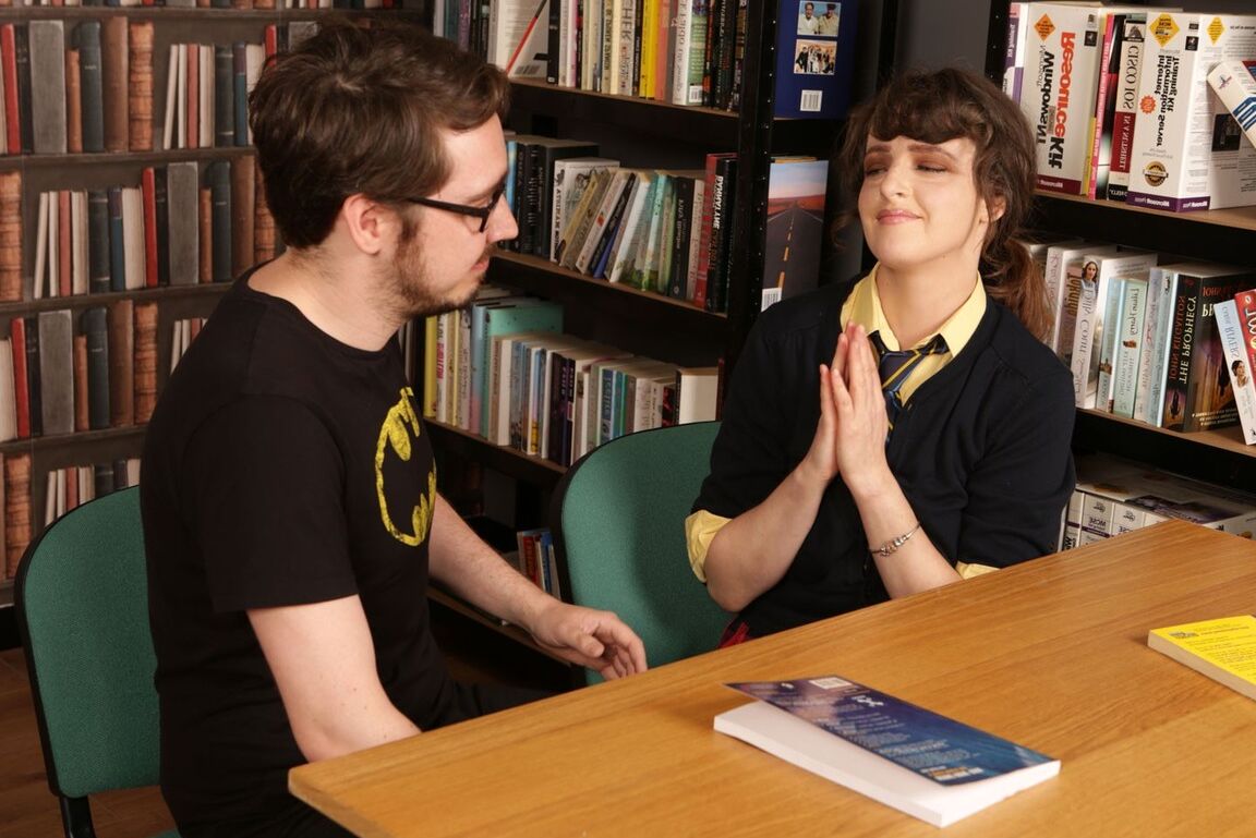 17P Geeky girl has her boyfriend strip in a library before her & GFs jerk his dick
