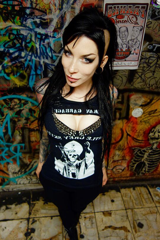 15P Goth girl Razor Candi strips to OTK boots in graffiti filled bathroom