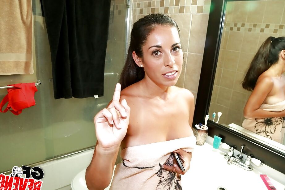 16P Brunette model Sofia Rivera taking topless mirror self shots