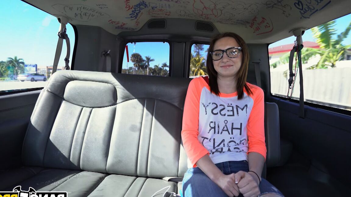 21P Nerdy brunette girl Kelsey Kage gets her twat filled in the back of a van