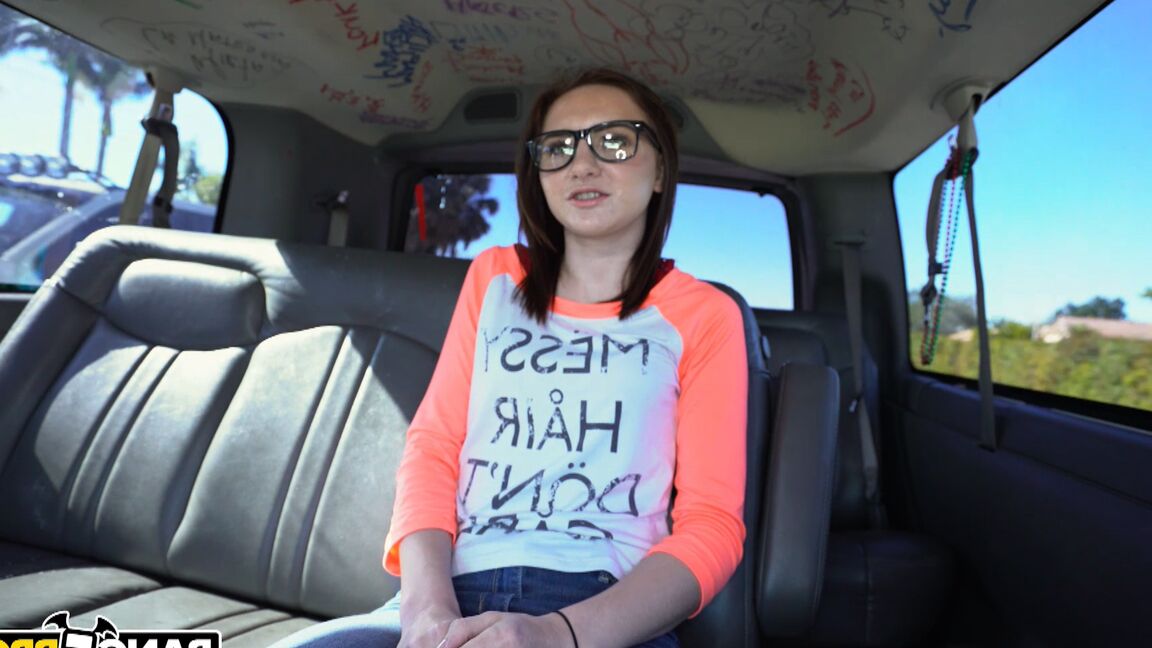 21P Nerdy brunette girl Kelsey Kage gets her twat filled in the back of a van